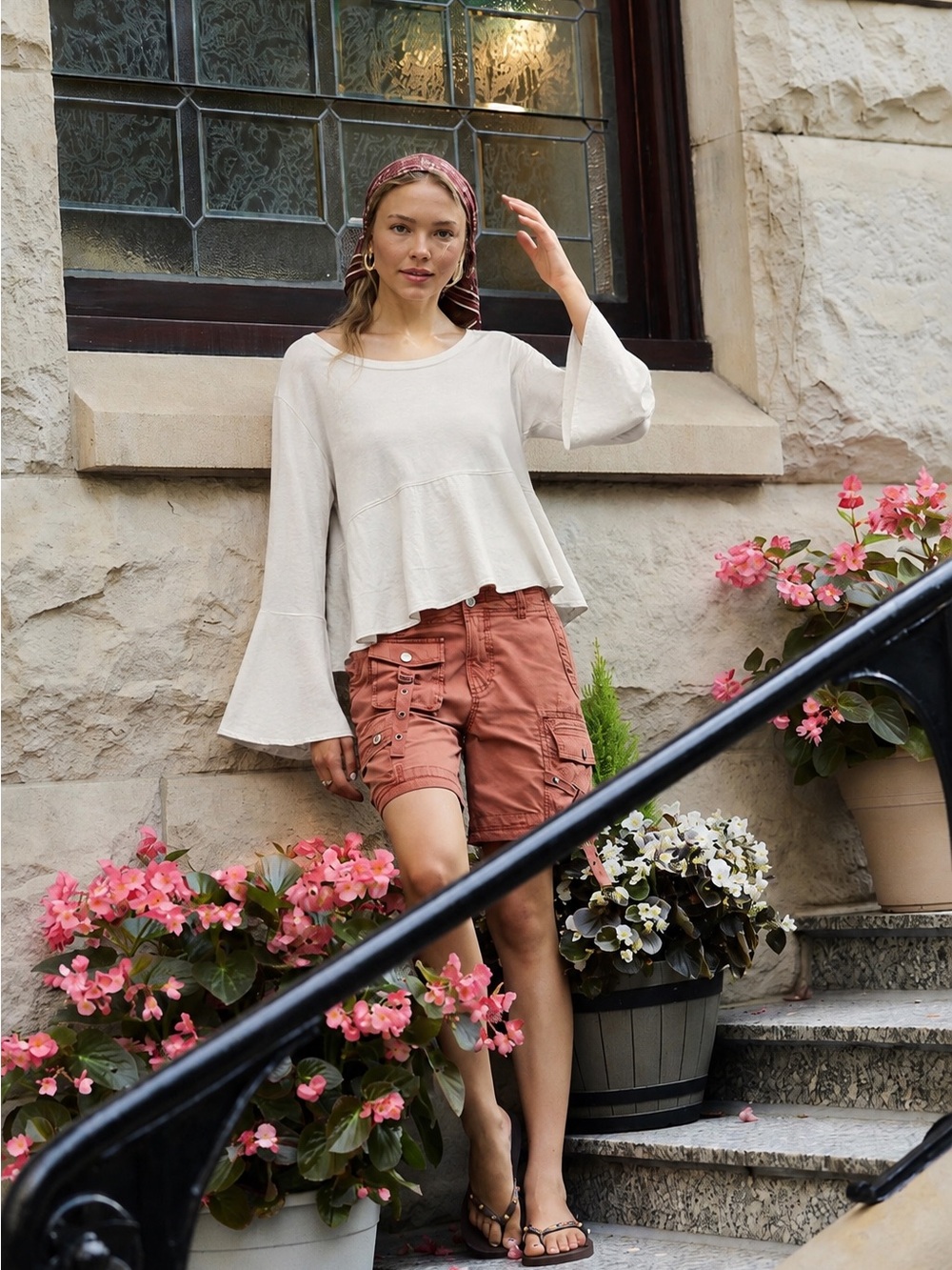 147. Women’s Cream Bell-Sleeve Peasant Top